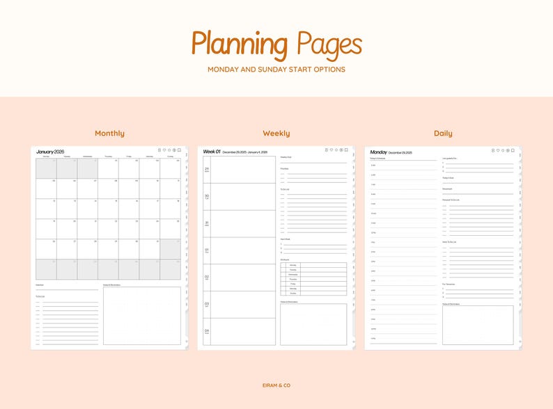 May include: Digital planning pages with monthly, weekly, and daily layouts. The pages are white with gray grid lines and text. The title "Planning Pages" is in a brown script font. The background is a light peach color.