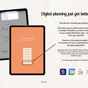 May include: Two black tablets display a digital planner interface. One tablet shows a pop-up menu with calendar options. The other tablet displays instructions on an orange background. Text reads "Digital planning just got better!"