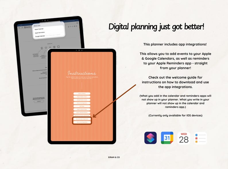 May include: Two black tablets display a digital planner interface. One tablet shows a pop-up menu with calendar options. The other tablet displays instructions on an orange background. Text reads "Digital planning just got better!"