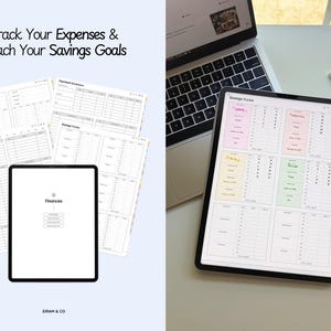 May include: A digital financial planner with the text "Track Your Expenses & Reach Your Savings Goals." The image shows a tablet and several printed sheets with financial tracking templates. A laptop and stylus are also visible.