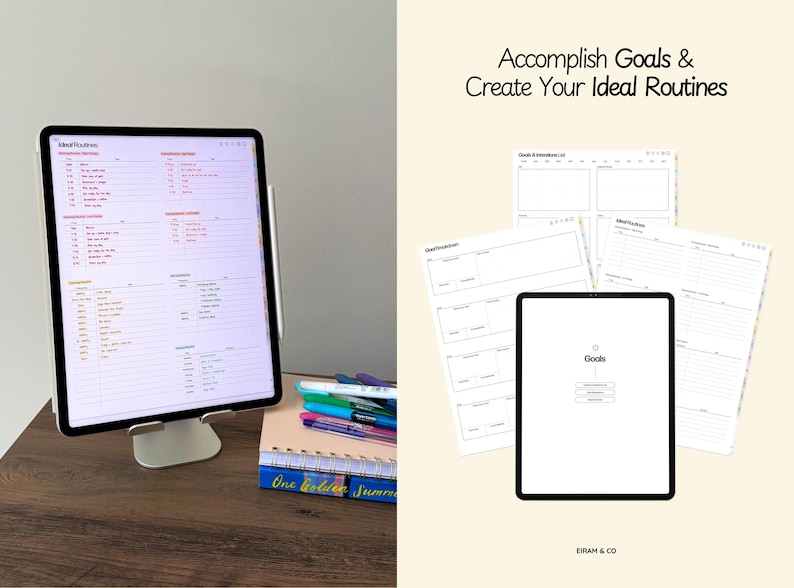 May include: A digital planner displayed on a tablet with a silver stand, alongside a notebook, pens, and additional planner pages. The text "Accomplish Goals & Create Your Ideal Routines" is visible.