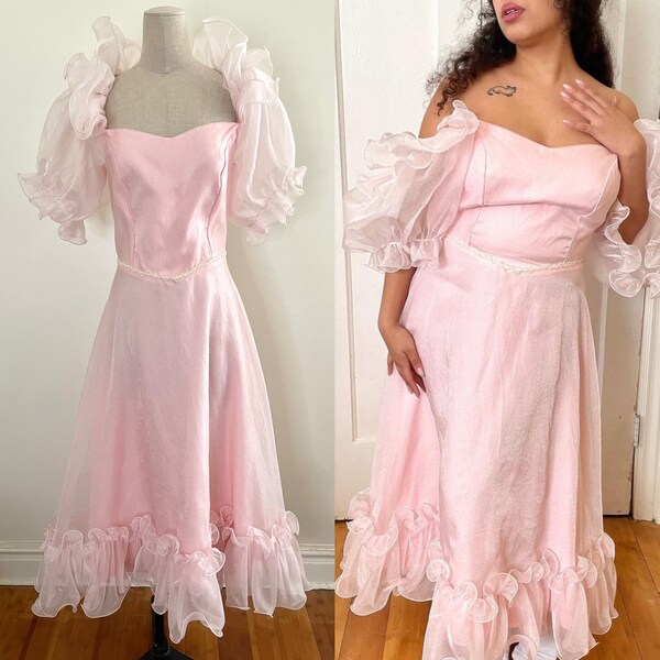 Vintage Handmade Pink Sparkle Puff Sleeve Ruffle Princess Dres