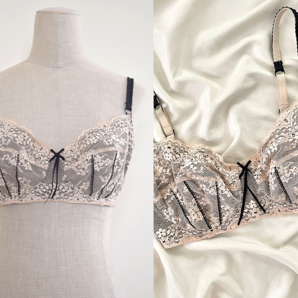 Vintage Pink and Black Floral Ribbon Bow Lace Bralette Lingerie // Elle Macpherson Intimates