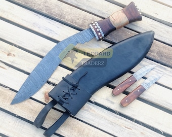 Handmade Damascus Steel Gurkha Kukri knife Machete with Wooden Scabbard & Mini Knives