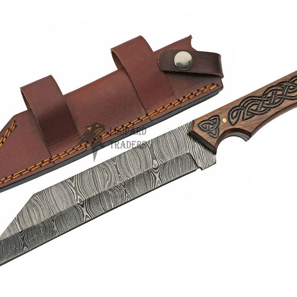 Handmade 12.5" Celtic Seax Blade Damascus Steel Blade with Engraved Wooden handle - Vikings Knife / Tanto