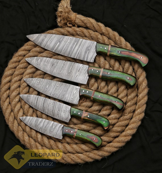 Handmade Damascus kitchen Knives Set With Leather Bag