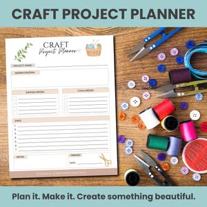 May include: A white craft project planner sheet with sections for project name, inspiration, supplies, tools, steps, and notes. The header features a green leaf illustration and a yarn basket graphic. The text reads Craft Project Planner.