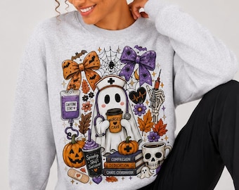 Halloween Nurse Sweatshirt, Cute Ghost Coffee Crewneck, Spooky Nurse Gift, Nursing Student Halloween Shirt, Nurse Week Fall Gift