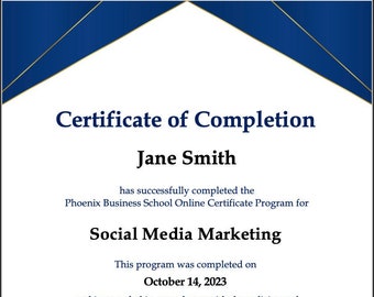 Certificado de finalización personalizable, Diploma en PowerPoint (.pptx) Dorado y azul A4