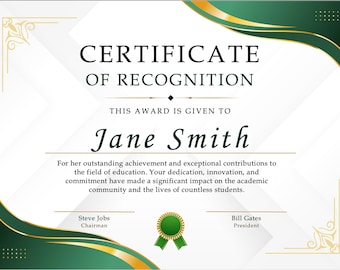 Certificado de reconocimiento: oro y verde, diploma, reconocimiento, premio
