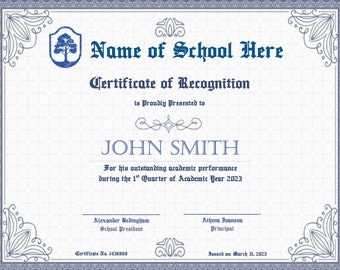 Certificado de Apreciación - Azul, Editable, Imprimible Tamaño carta 8.5x11