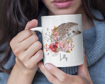Personalized Hedgehog Mug, Woodland Creature, Floral Design