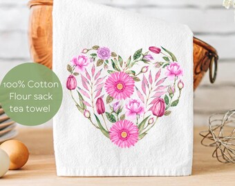 Paño de cocina con corazón floral / Decoración de San Valentín con flores de primavera rosas