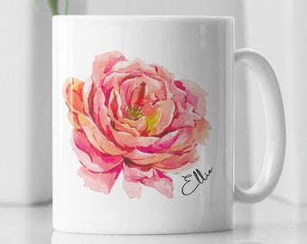 Personalized Peony Mug: Custom Floral Name Coffee Mug
