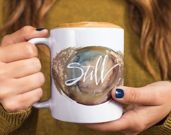 Be Still Bible Verse Mug, Christian Watercolor Coffee Cup