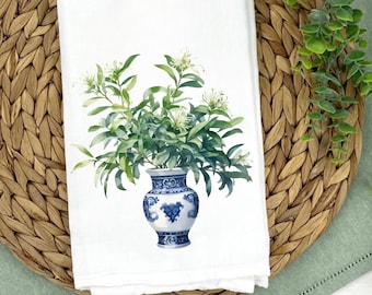 Paño de cocina Chinoiserie: Decoración floral de algodón azul y blanco