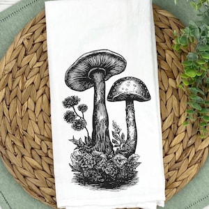 Mushroom Tea Towel, Cottage Core Decor, Mushroom Gifts,Botanical Kitchen Cloths,Fungi Dish Towel,Black & White Sketch,Mushroom Kitchen Decor