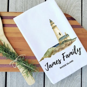 Personalized Lighthouse Tea Towel, Lighthouse Gifts, Lighthouse Decor, Nautical Tea Towel, Tea Towel Fabric, Watercolor Coastal Tea Towel