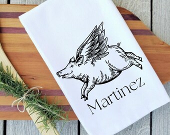 Personalized Flying Pig Tea Towel, Farmhouse Kitchen Decor