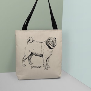 PERSONALIZED Cute Pug Tote Bag, Pug Lover Gift, Pug Shopping Bags, Pug Art, Cute Pug Gift, Pug Mom Gift, Pug Dog Gift, Pug Lover Tote image 1