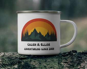 Personalized Retro Enamel Camping Mug, Hiking Couple Gift