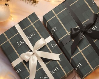 Papel de regalo navideño personalizado a cuadros verdes - Papel de regalo con nombre personalizado
