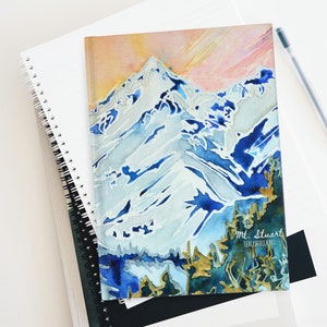 May include: A watercolor painting of a mountain range with a pink and orange sky. The painting is on a notebook with a black spiral binding. The text "Mt. Stuart TealPatrickArt" is in the bottom right corner of the painting.
