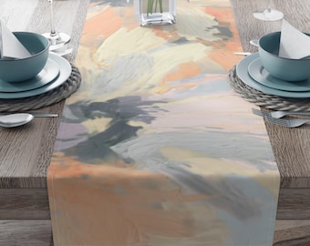 Camino de mesa de Pascua de primavera con acuarela, algodón y poliéster / Naranjas sutiles y cremas azules