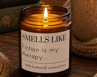 Fiction Is My Therapy Candle Amber Jar Soy Candle | Book Lover Candle, Cozy Reading Gift