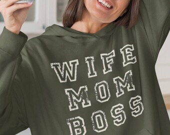 Wife Mom Boss Hoodie, Rustic Varsity Lettering, Pullover Sweatshirt