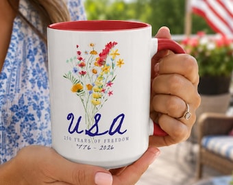 Floral USA Patriotic Mug, 250 Years of Freedom 1776-2026, American Patriot Gift
