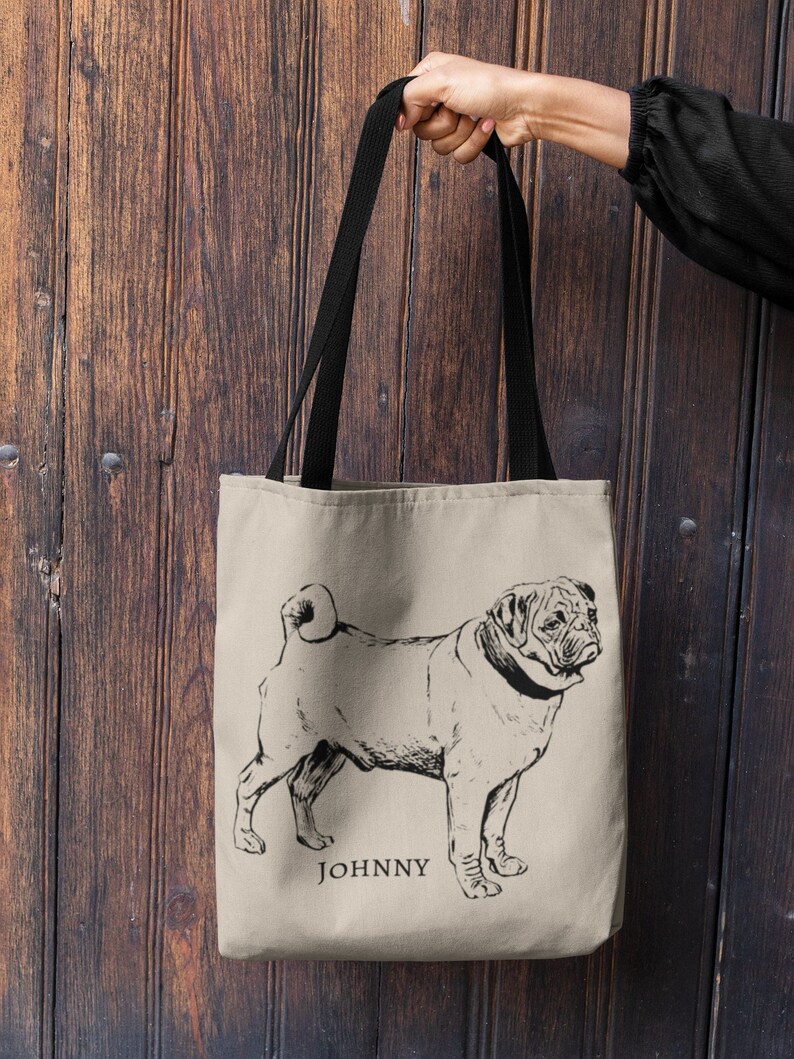 PERSONALIZED Cute Pug Tote Bag, Pug Lover Gift, Pug Shopping Bags, Pug Art, Cute Pug Gift, Pug Mom Gift, Pug Dog Gift, Pug Lover Tote image 2