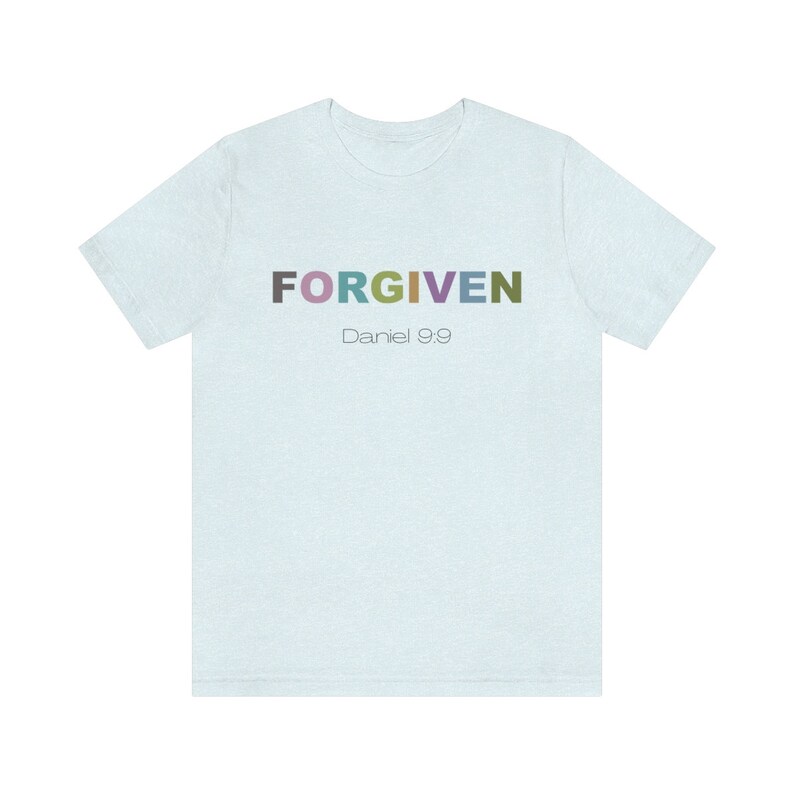 Christian Scripture Shirt, Bible Study Shirt, FORGIVEN, Daniel 9:9, Comfort Colors, Church Shirt, Bible Verse Shirt, Scripture Shirt, Jesus Heather Ice Blue
