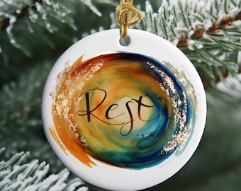 Adorno del versículo bíblico de la acuarela, Descansa en mí, Adorno cristiano, Mateo 11:28, Regalos de estudio bíblico, Adorno de las Escrituras, Adorno de Jesús