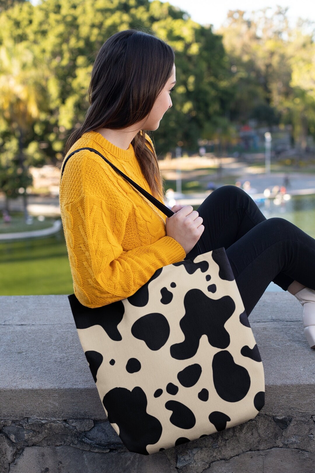 Modern Cow Print Tote Bag, Vegan Polyester, Three Sizes - Etsy