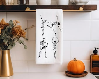 Dancing Skeletons Cotton Halloween Tea Towel: Fun Kitchen Decor | Fall Decor