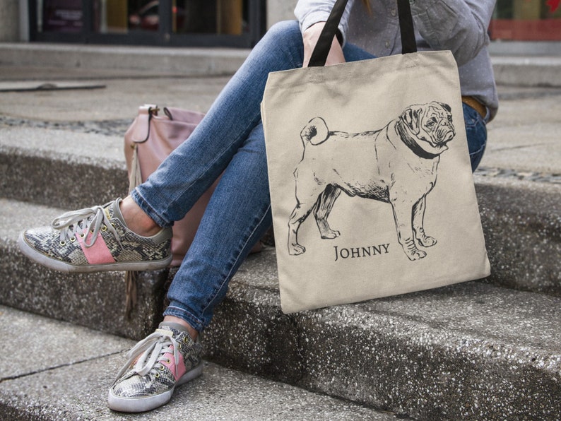 PERSONALIZED Cute Pug Tote Bag, Pug Lover Gift, Pug Shopping Bags, Pug Art, Cute Pug Gift, Pug Mom Gift, Pug Dog Gift, Pug Lover Tote image 3