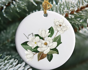 PERSONALIZED Magnolia Ornament, Monogram Ornament, Round Ceramic Ornament, Floral Ornament, Magnolia Christmas, Custom Name Ornament