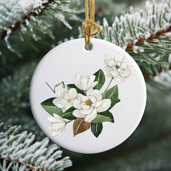 PERSONALIZED Magnolia Ornament, Monogram Ornament, Round Ceramic Ornament, Floral Ornament, Magnolia Christmas, Custom Name Ornament