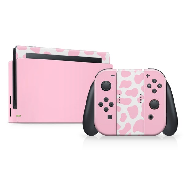 Cow Print Nintendo Switch Skin, Strawberry Milk Baby Pink Cow Stains, Full Wrap for Switch Joycon Console Dock Decal Sticker, 3M Vinyl Cover