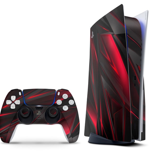 Aspect polygone rouge pour PS5, sticker abstrait noir et rouge pour manette PlayStation 5 et sticker pour console, coque personnalisée pour PS5, vinyle 3M