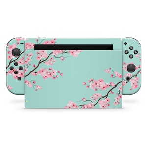 チェリーブロッサム ニンテンドースイッチスキン、ティールピンクパステルサクラフラワーフローラルスイッチドックコンソールとジョイコンデカールラップステッカー、3Mビニールカバー