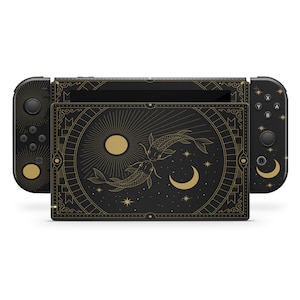 Yin Yang Koi Fisch Nintendo Switch Skin, Orientalische Harmonie des Lebens Schwarz Gold Luna Sun, benutzerdefinierte Joycons & Konsole und Dock Aufkleber, 3M Vinyl