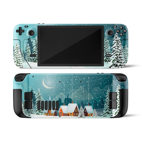 Snow Village Steam Deck Skin, Cute Winter Night Sky Moon SteamDeck Decal Cover, Custom Design Steam Deck OLED Console, 3M Vinyl Wrap