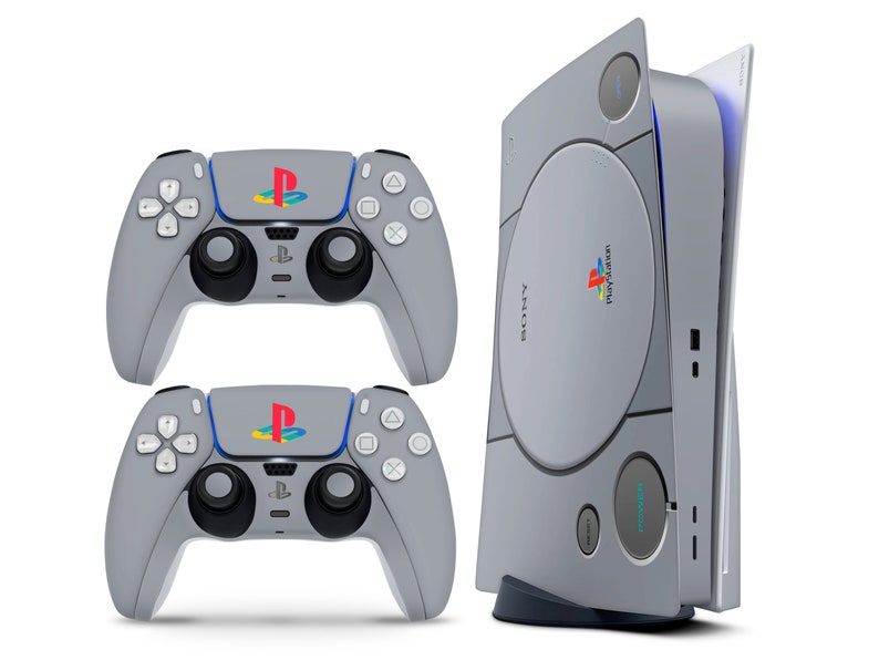 Retro Playstation 1 Inspired Skin for PS5, Classic Grey Design Compatible with PlayStation 5 Console & Controller Decal Wrap Cover, 3M Vinyl Console+2 Controller