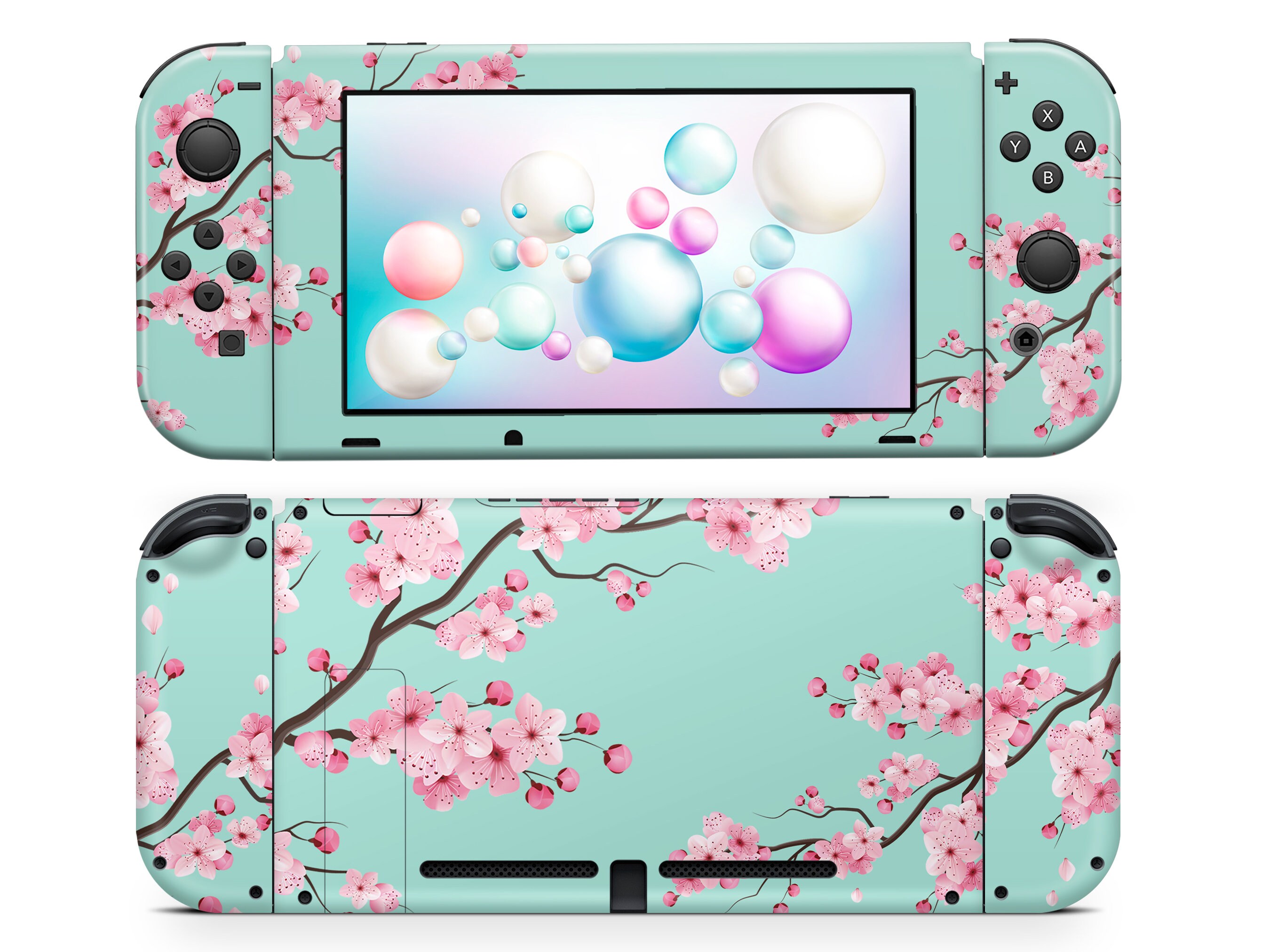 Cherry Blossom Nintendo Switch Skin: Teal Pink Sakura Floral Vinyl