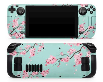 Cherry Blossom Steam Deck Skin, Pastel Pink Teal Japanese Sakura Flower Floral, SteamDeck OLED Decal Wrap, Custom Gaming Console 3M Vinyl