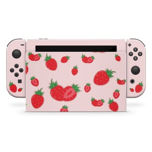 Leuke aardbei Nintendo Switch-skin, zachtroze rood kawaii pastelkleuren Nintendo Switch Joycons Dock console sticker wrap, volledige wrap 3 m vinyl hoes