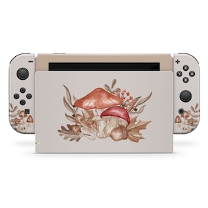 Nintendo Switch-skin herfst herfst, zachte pastelkleurige paddenstoelen, stickerfolie Nintendo Switch Joycons en console, aangepast bloemdessin, vinyl van 3 m