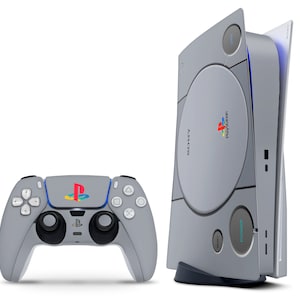 Retro Playstation 1 Inspired Skin for PS5, Classic Grey Design Compatible with PlayStation 5 Console & Controller Decal Wrap Cover, 3M Vinyl Console+1 Controller